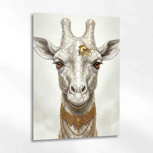 Beyaz Zürafa Altın Damarlı Cam Tablo