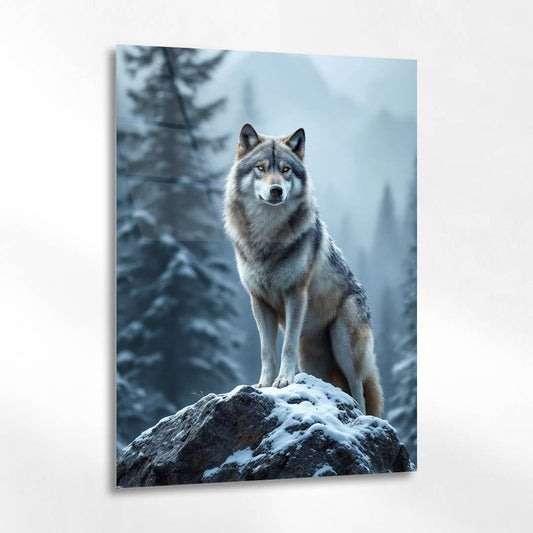 Zirvede Kurt Kış Dağ Manzaralı Cam Tablo