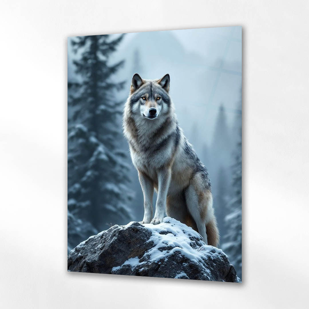 Zirvede Kurt Kış Dağ Manzaralı Cam Tablo