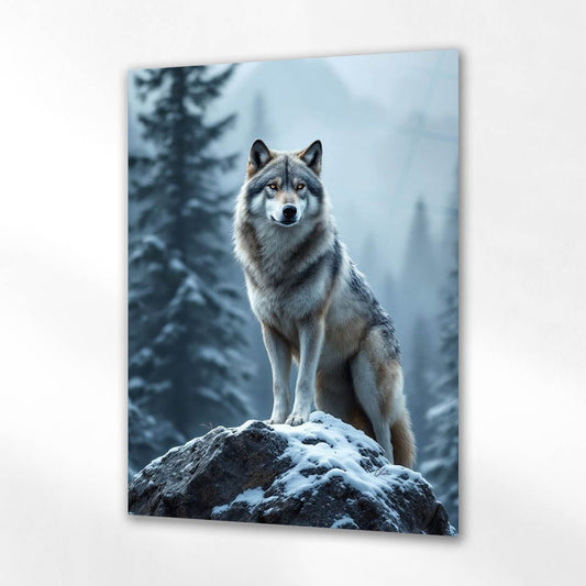 Zirvede Kurt Kış Dağ Manzaralı Cam Tablo