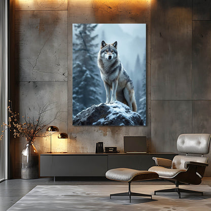 Zirvede Kurt Kış Dağ Manzaralı Cam Tablo