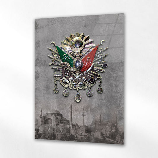 Osmanlı Devlet Arması Gümüş Dokulu Cam Tablo