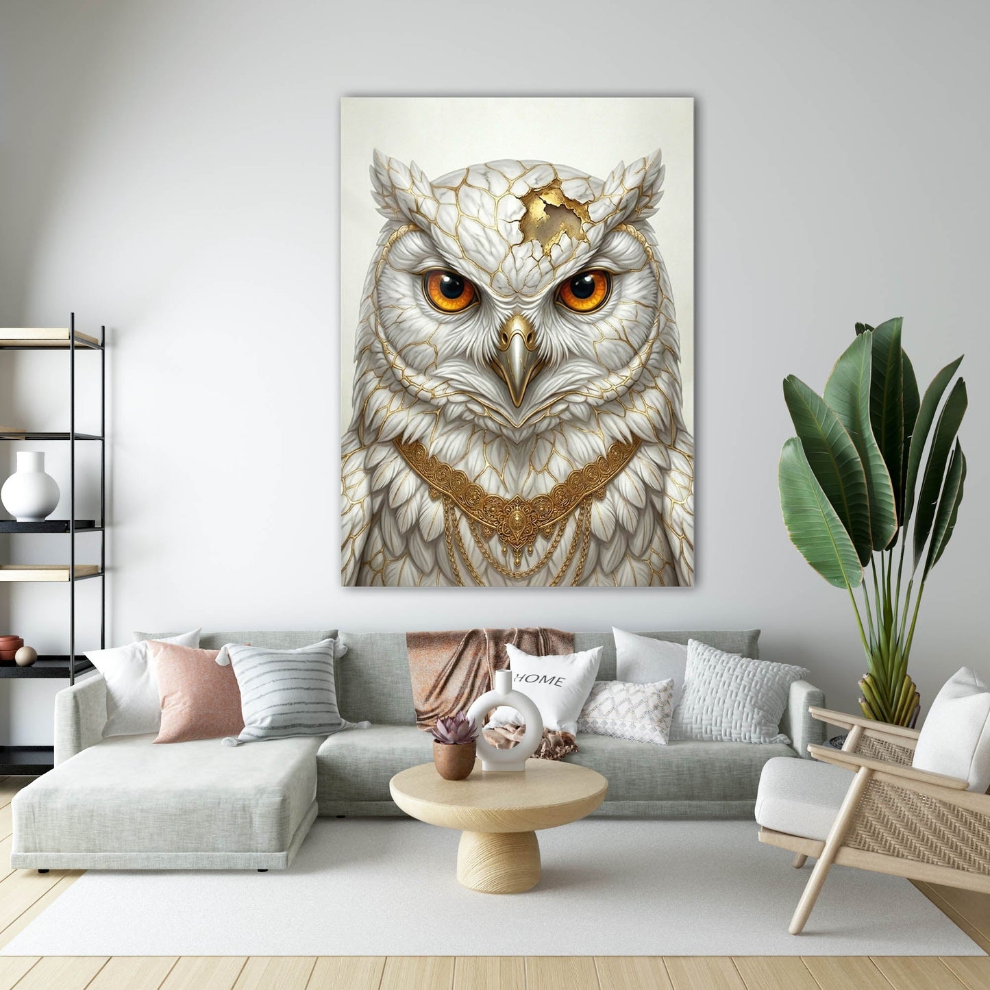 Beyaz Baykuş Altın Desenli Lüks Cam Tablo