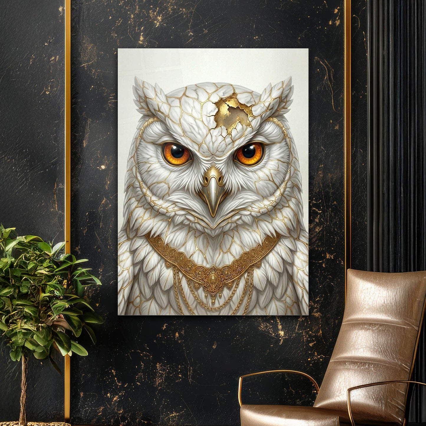 Beyaz Baykuş Altın Desenli Lüks Cam Tablo