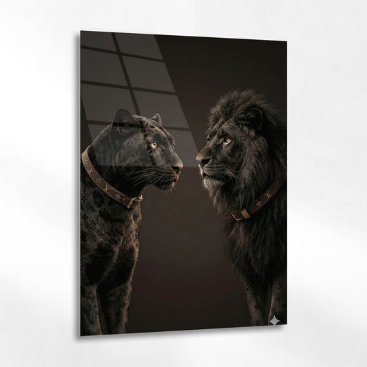 Siyah Leopar ve Aslan Karşılaşma Cam Tablo