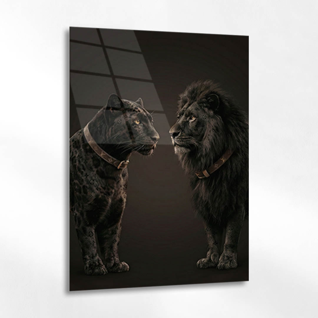 Siyah Leopar ve Aslan Duo Lüks Cam Tablo