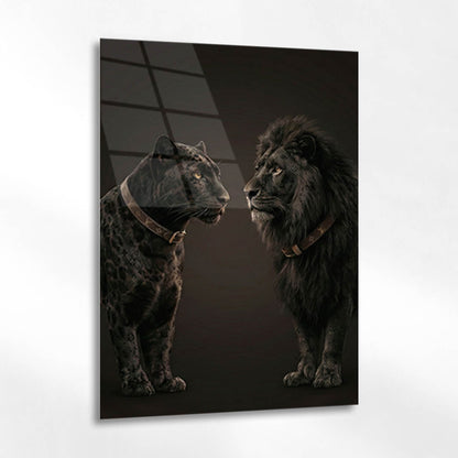 Siyah Leopar ve Aslan Duo Lüks Cam Tablo