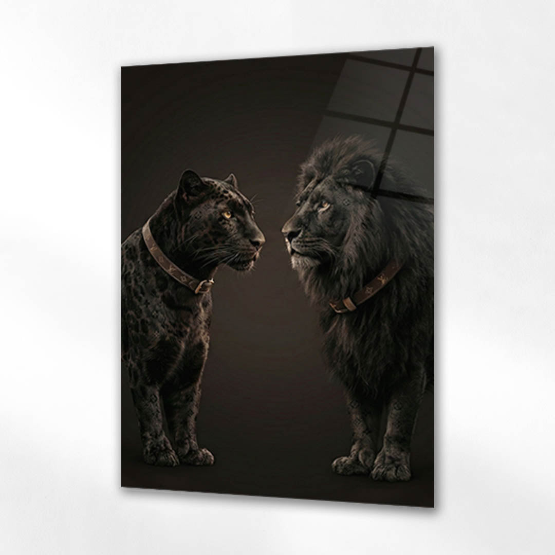 Siyah Leopar ve Aslan Duo Lüks Cam Tablo