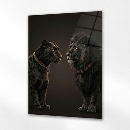 Siyah Leopar ve Aslan Duo Lüks Cam Tablo