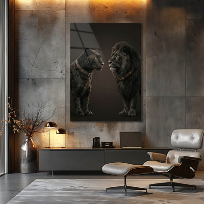 Siyah Leopar ve Aslan Duo Lüks Cam Tablo