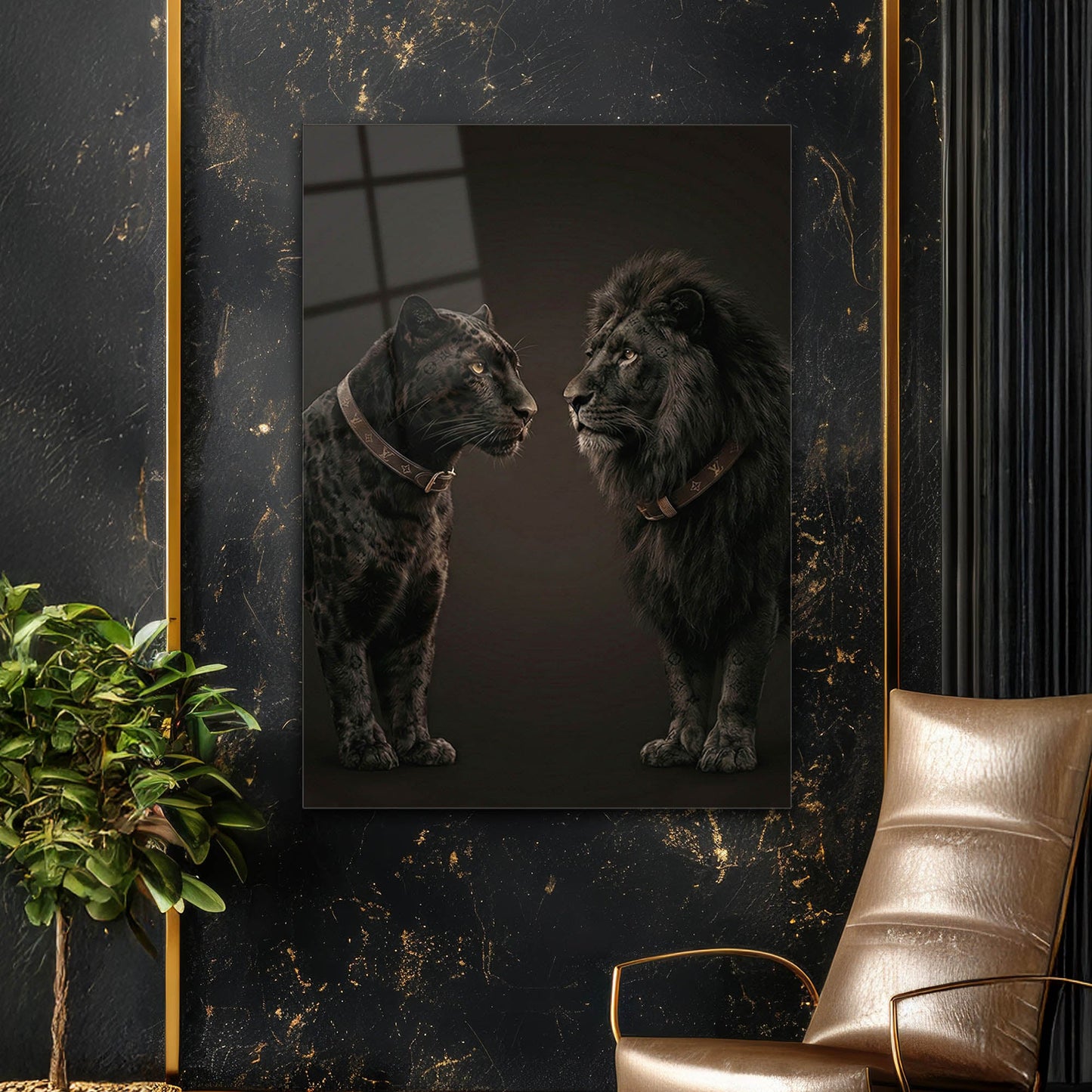 Siyah Leopar ve Aslan Duo Lüks Cam Tablo