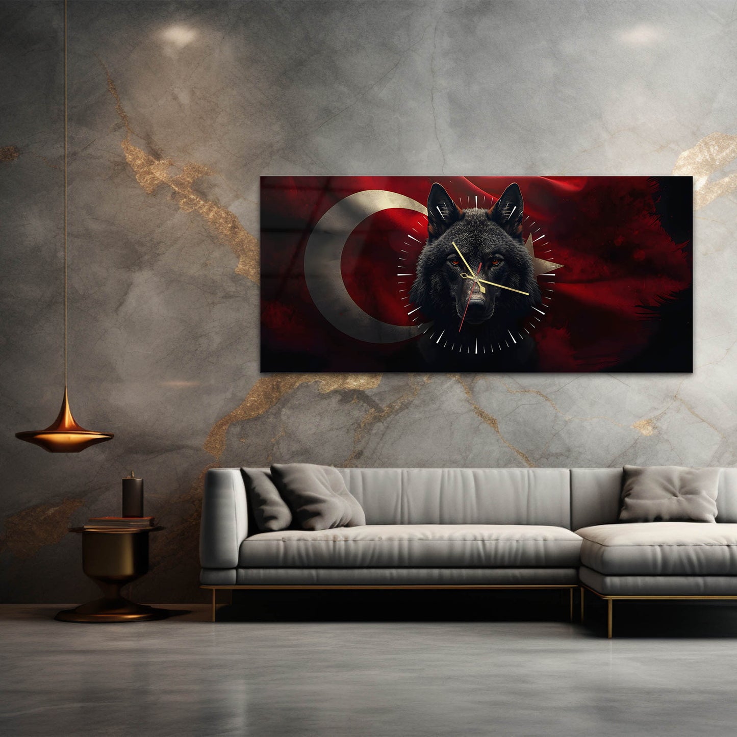 Türk Bayraklı Kurt Temalı Cam Tablo Saat