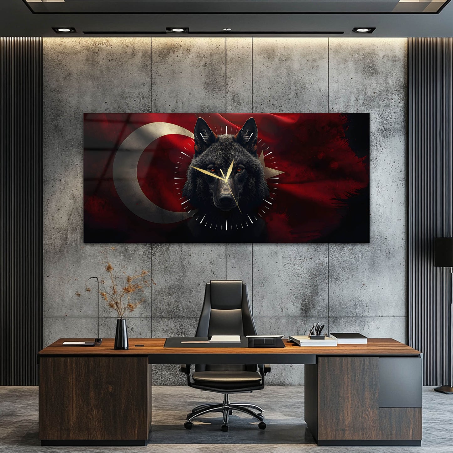 Türk Bayraklı Kurt Temalı Cam Tablo Saat