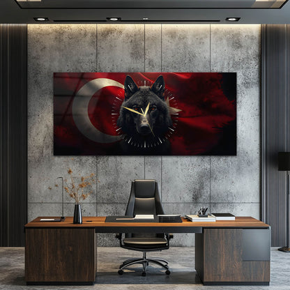Türk Bayraklı Kurt Temalı Cam Tablo Saat
