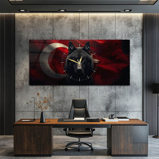 Türk Bayraklı Kurt Temalı Cam Tablo Saat