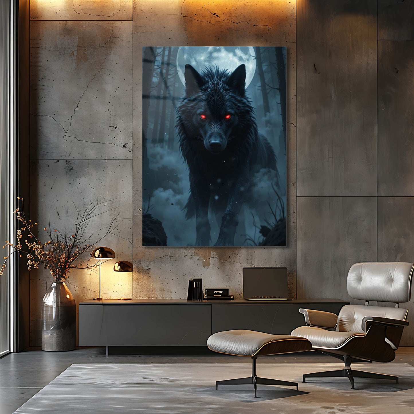 Gece Avcısı Kurt Dolunay Cam Tablo