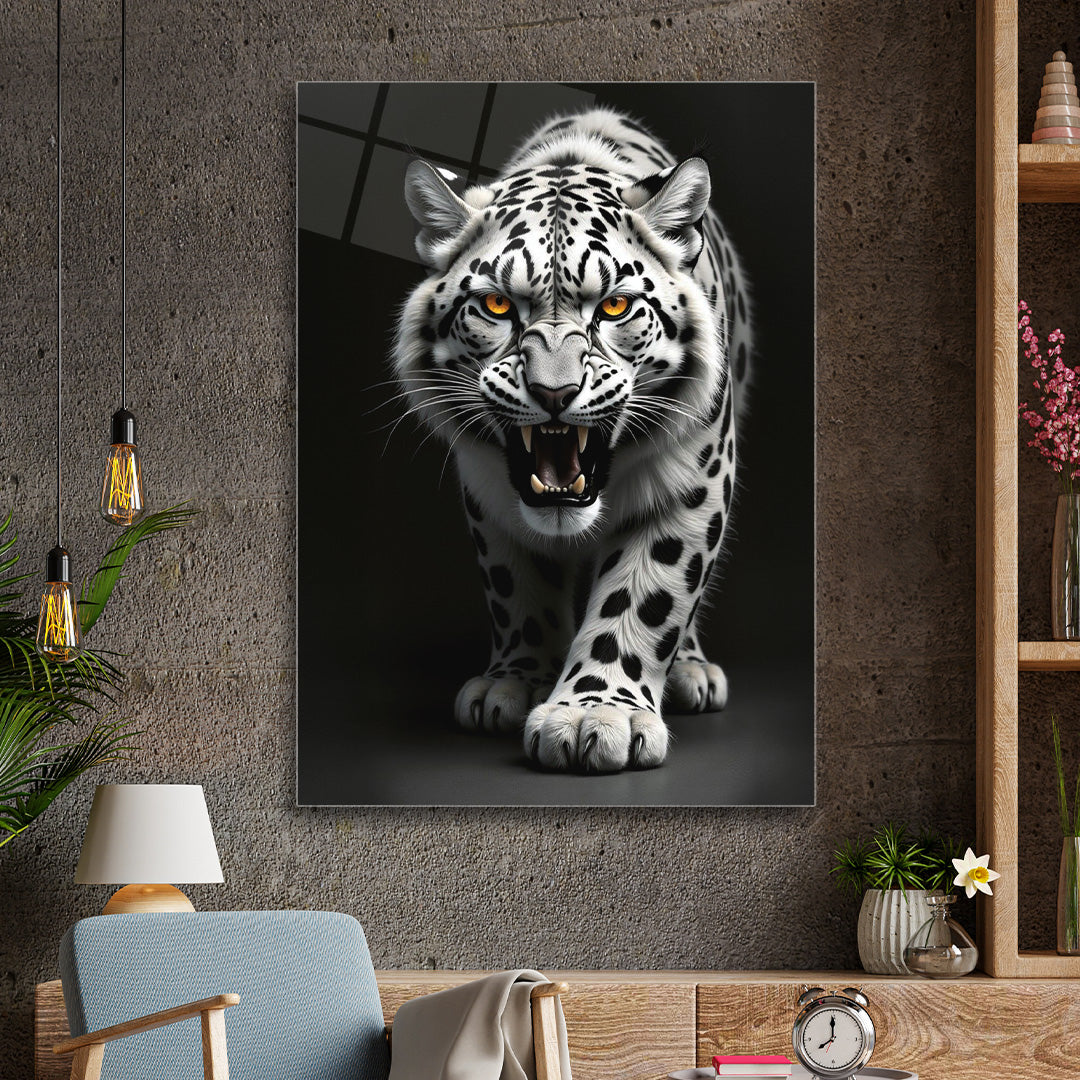 Beyaz Leoparı Dekoratif Cam Tablo Duvar Sanatı