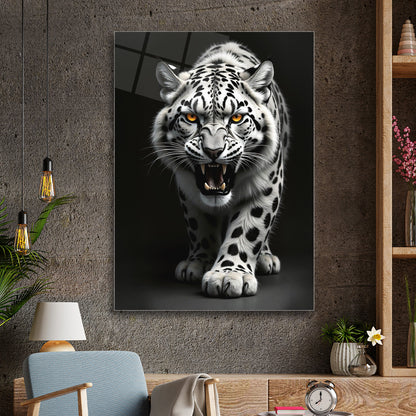 Beyaz Leoparı Dekoratif Cam Tablo Duvar Sanatı