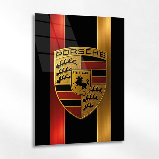 Porsche Logo Cam Tablo – Altın Renk Premium Tasarım - 4 mm Temperli Cam Tablo - Ev, ofis dekorasyon
