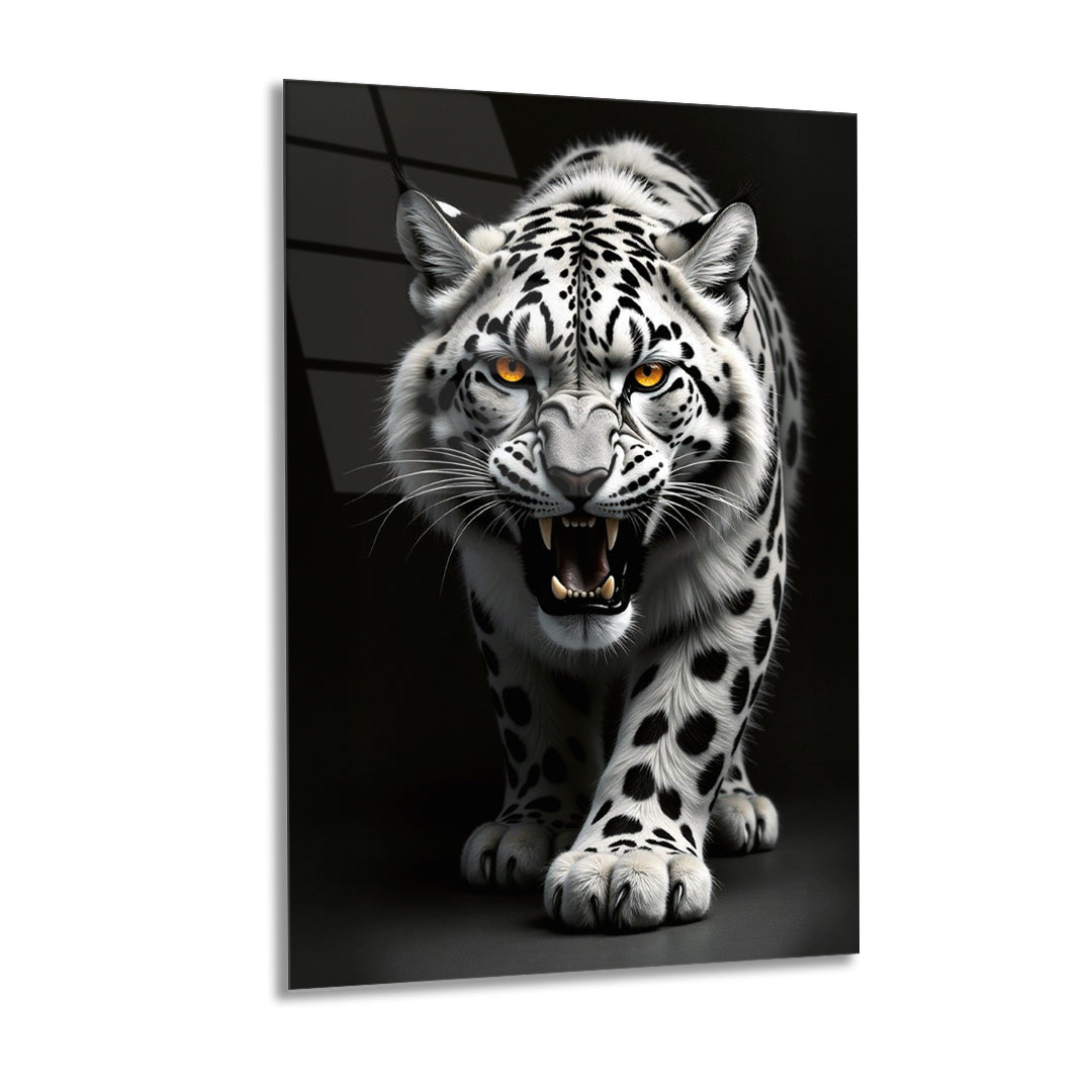 Beyaz Leoparı Dekoratif Cam Tablo Duvar Sanatı