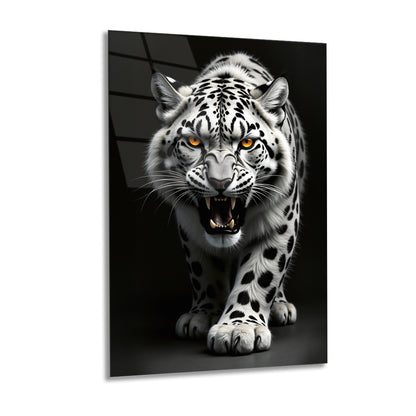 Beyaz Leoparı Dekoratif Cam Tablo Duvar Sanatı