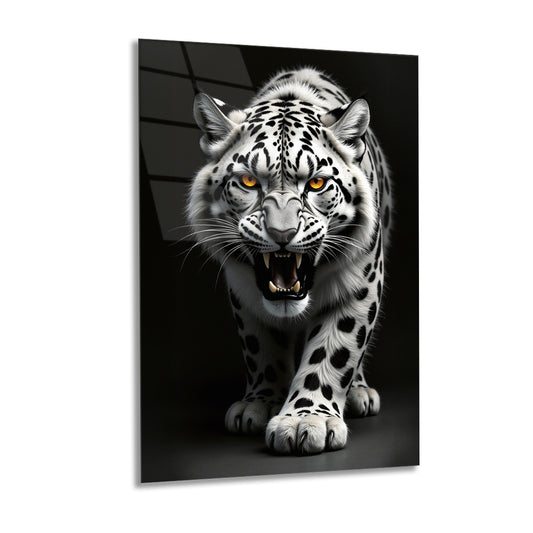 Beyaz Leoparı Dekoratif Cam Tablo Duvar Sanatı