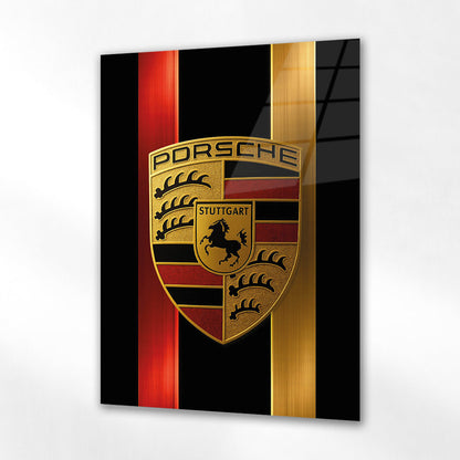 Porsche Logo Cam Tablo – Altın Renk Premium Tasarım - 4 mm Temperli Cam Tablo - Ev, ofis dekorasyon