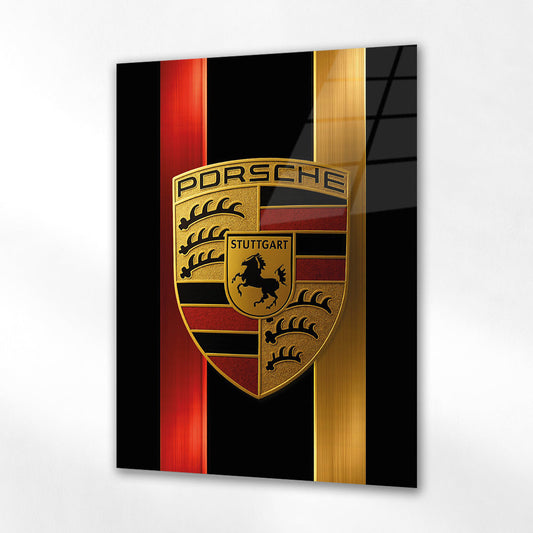 Porsche Logo Cam Tablo – Altın Renk Premium Tasarım - 4 mm Temperli Cam Tablo - Ev, ofis dekorasyon