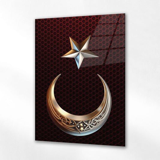 Ay Yıldız Altın Dokulu Kırmızı Zemin Cam Tablo