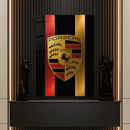 Porsche Logo Cam Tablo – Altın Renk Premium Tasarım - 4 mm Temperli Cam Tablo - Ev, ofis dekorasyon