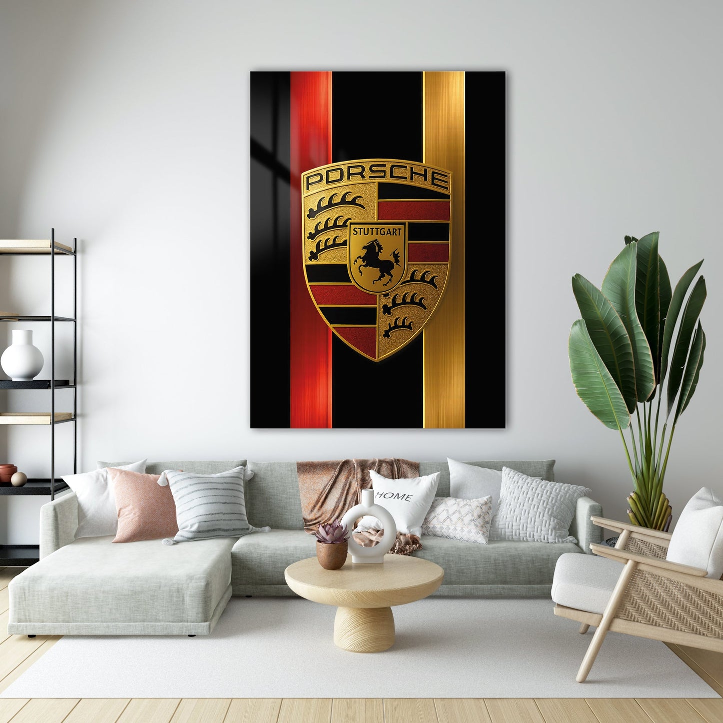 Porsche Logo Cam Tablo – Altın Renk Premium Tasarım - 4 mm Temperli Cam Tablo - Ev, ofis dekorasyon