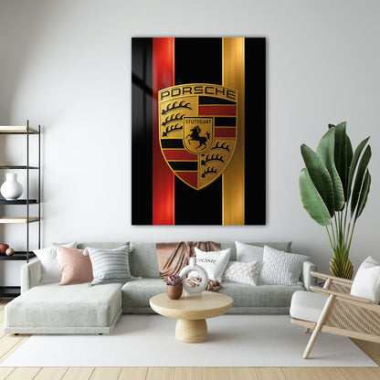 Porsche Logo Cam Tablo – Altın Renk Premium Tasarım - 4 mm Temperli Cam Tablo - Ev, ofis dekorasyon