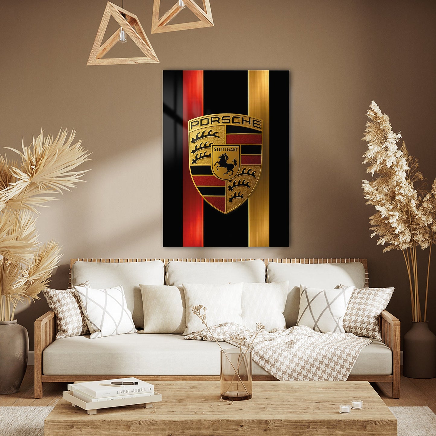 Porsche Logo Cam Tablo – Altın Renk Premium Tasarım - 4 mm Temperli Cam Tablo - Ev, ofis dekorasyon