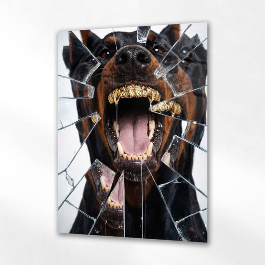 Doberman Altın Dişli Cam Tablo