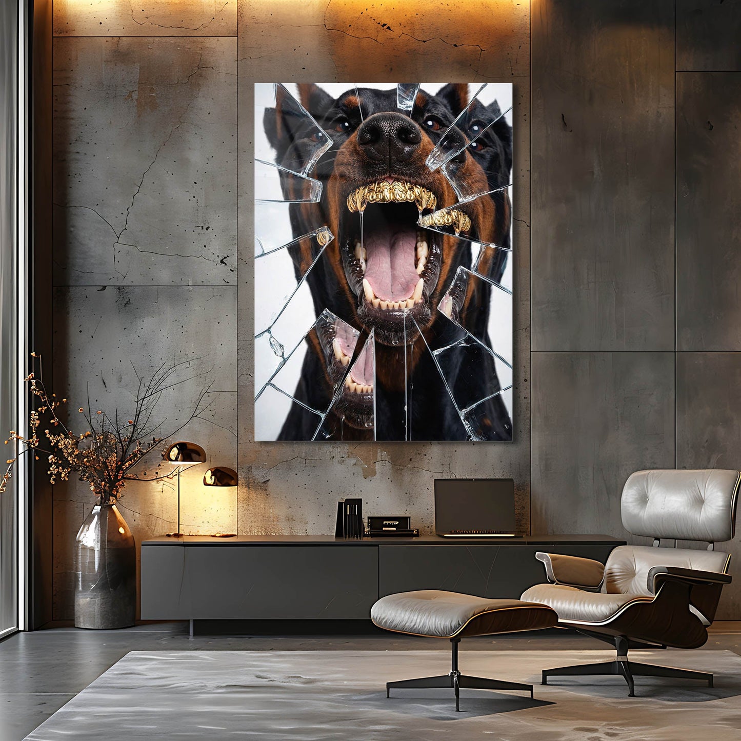 Doberman Altın Dişli Cam Tablo