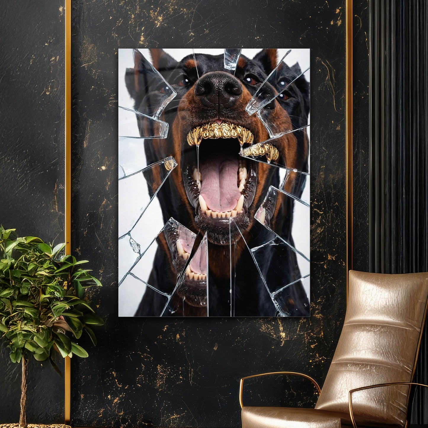 Doberman Altın Dişli Cam Tablo