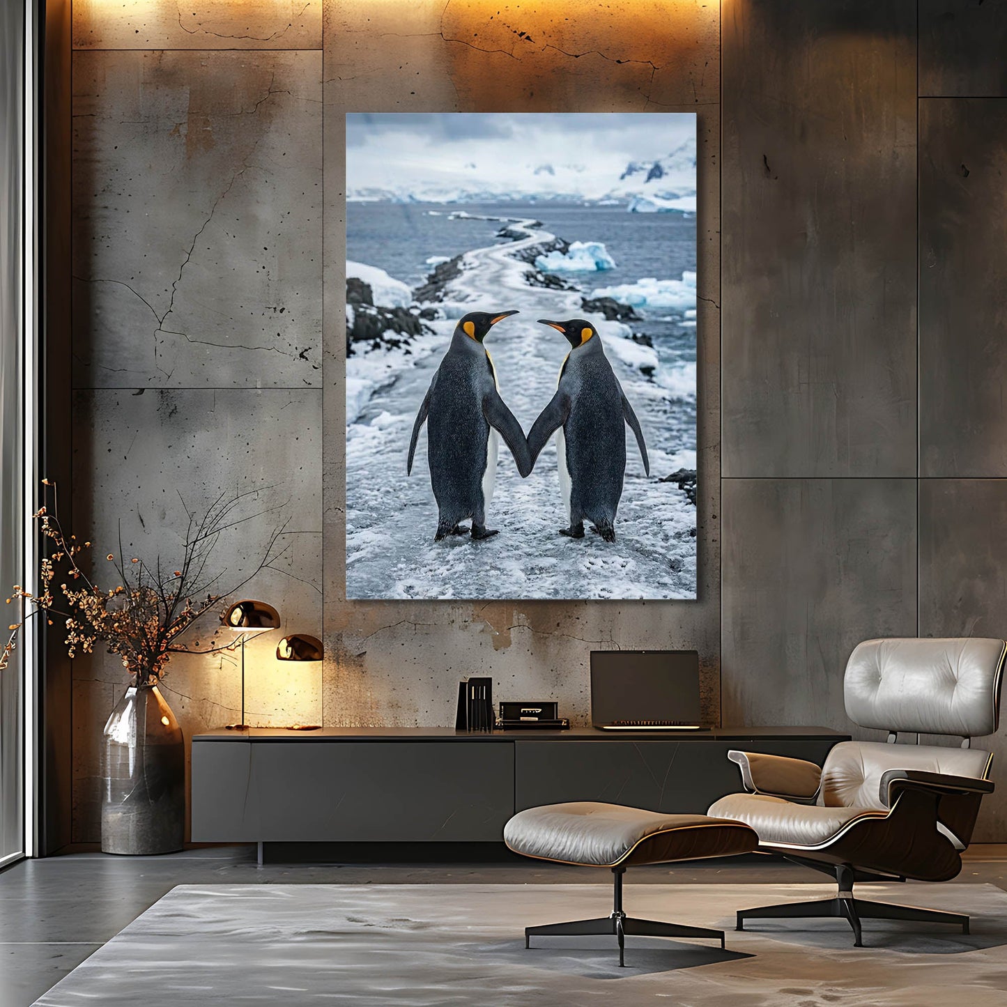 Penguen Çift Aşk Kutup Cam Tablo