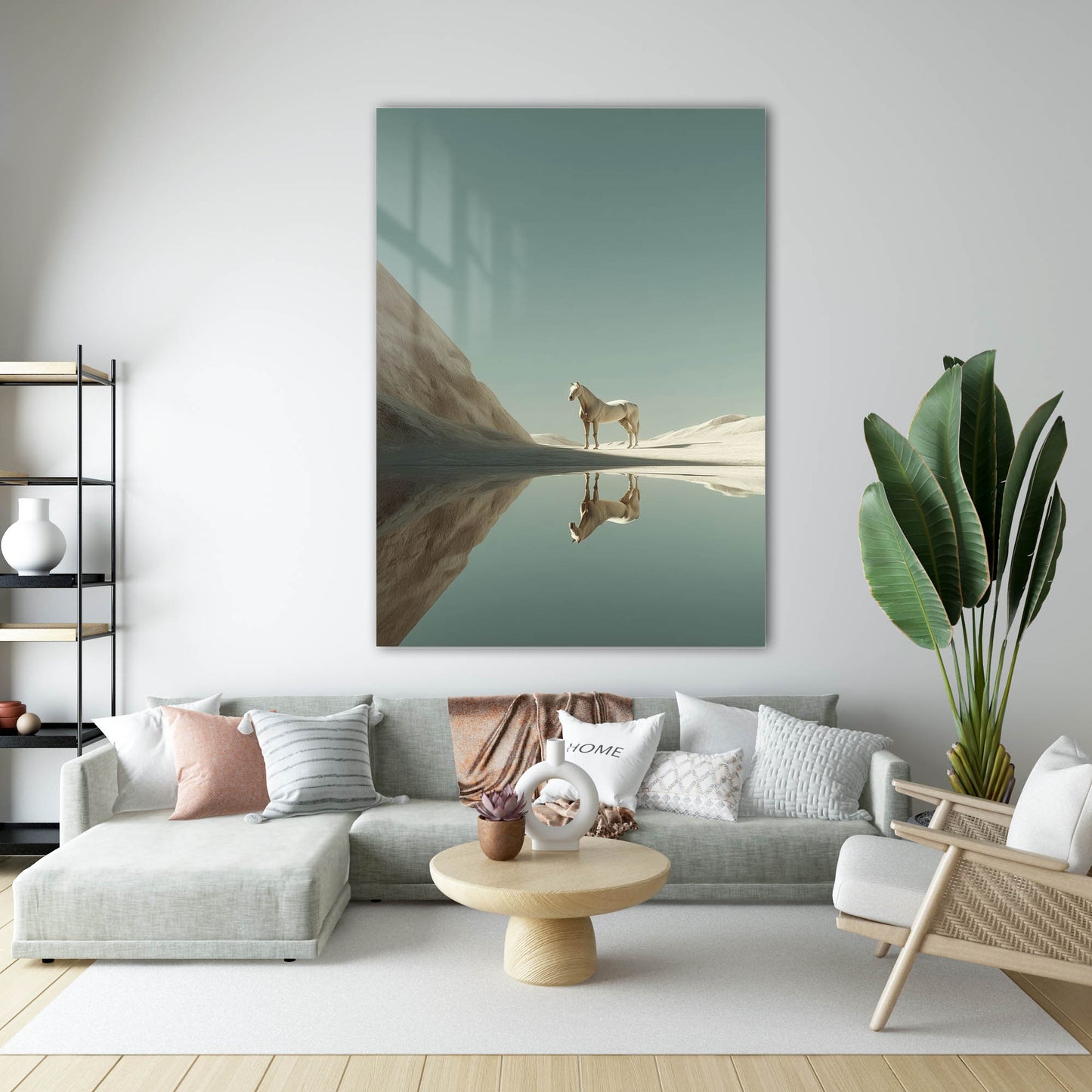 Minimalist Beyaz At Yansıması Cam Tablo