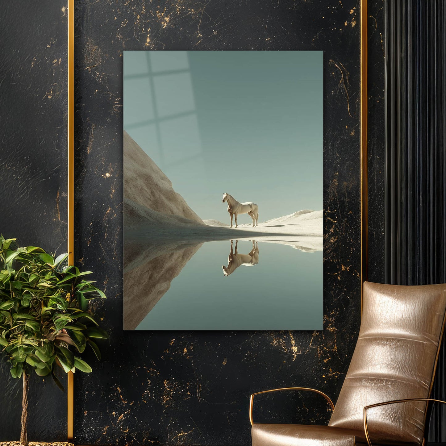 Minimalist Beyaz At Yansıması Cam Tablo