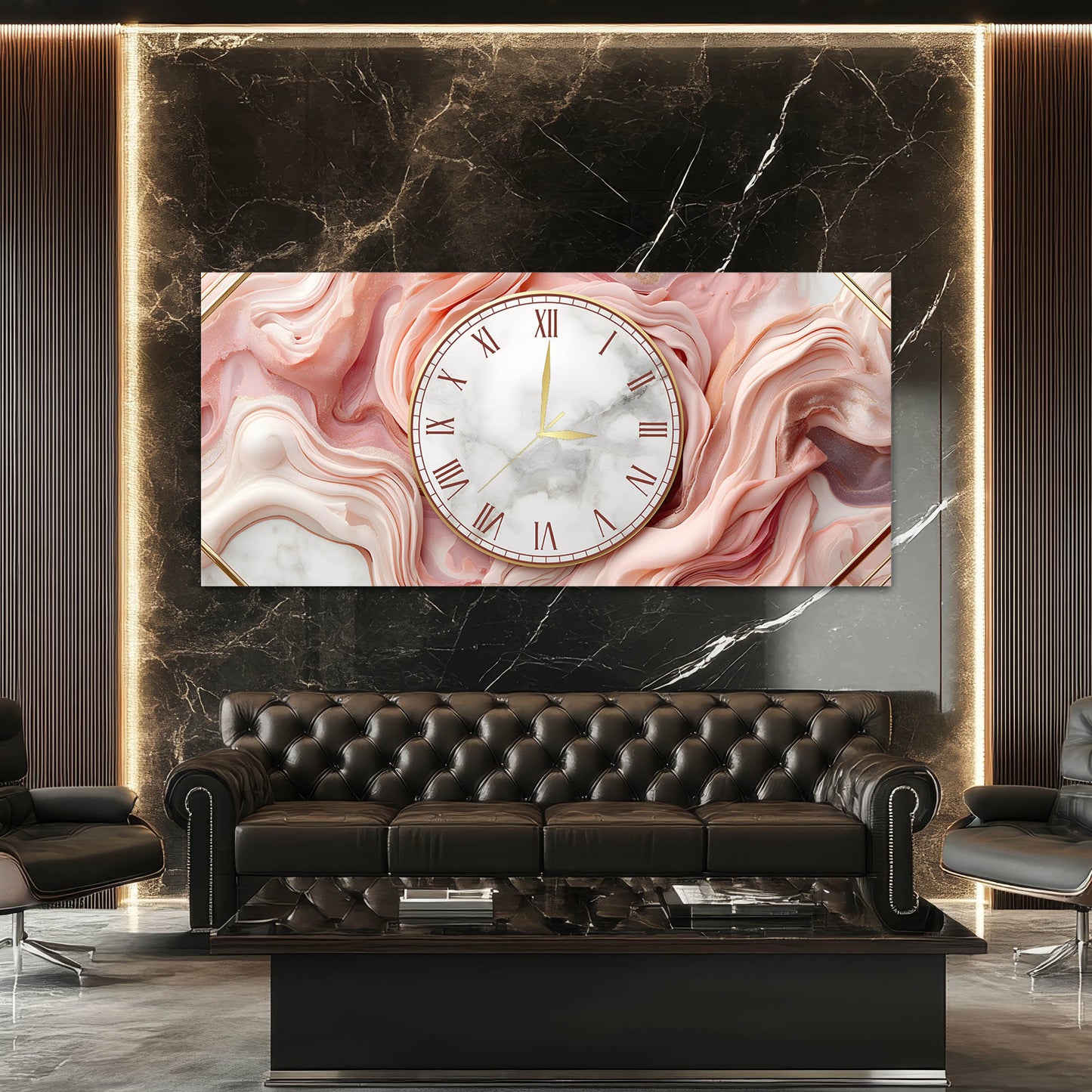 Pembe Mermer Modern Dekoratif - Saatlı Cam Tablo