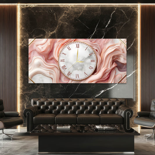 Pembe Mermer Modern Dekoratif - Saatlı Cam Tablo