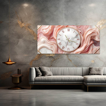 Pembe Mermer Modern Dekoratif - Saatlı Cam Tablo