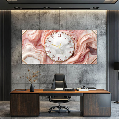 Pembe Mermer Modern Dekoratif - Saatlı Cam Tablo