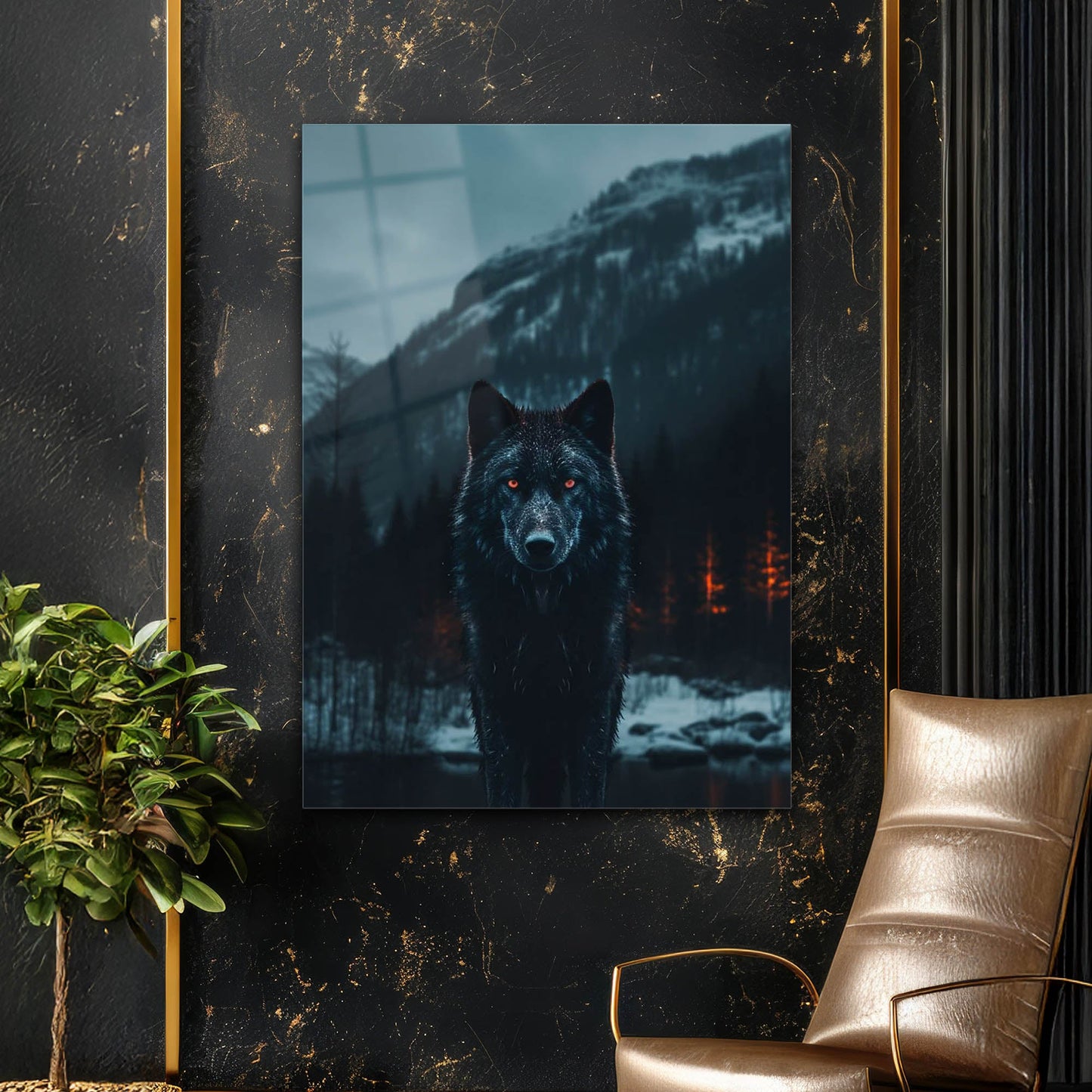 Gizemli Kurt Göl Yansımalı Cam Tablo