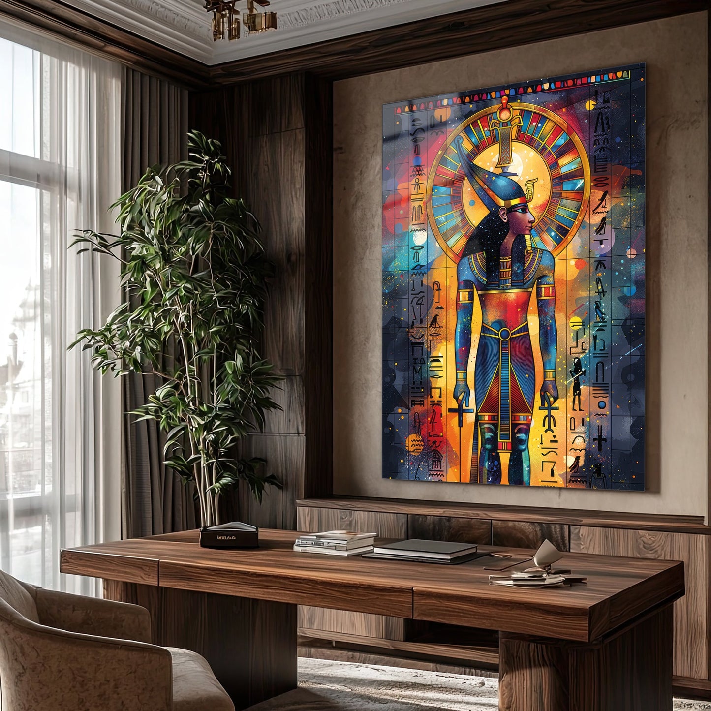 Antik Mısır Tanrıçası Cam Tablo – Güneş Diskli Tanrıça