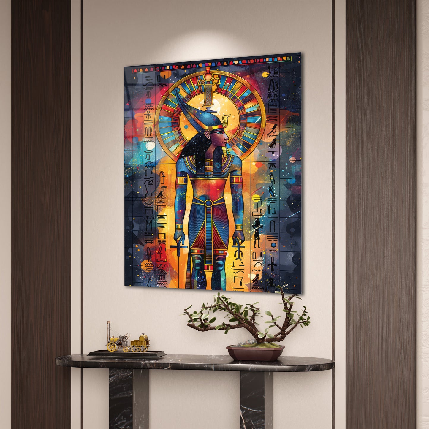Antik Mısır Tanrıçası Cam Tablo – Güneş Diskli Tanrıça