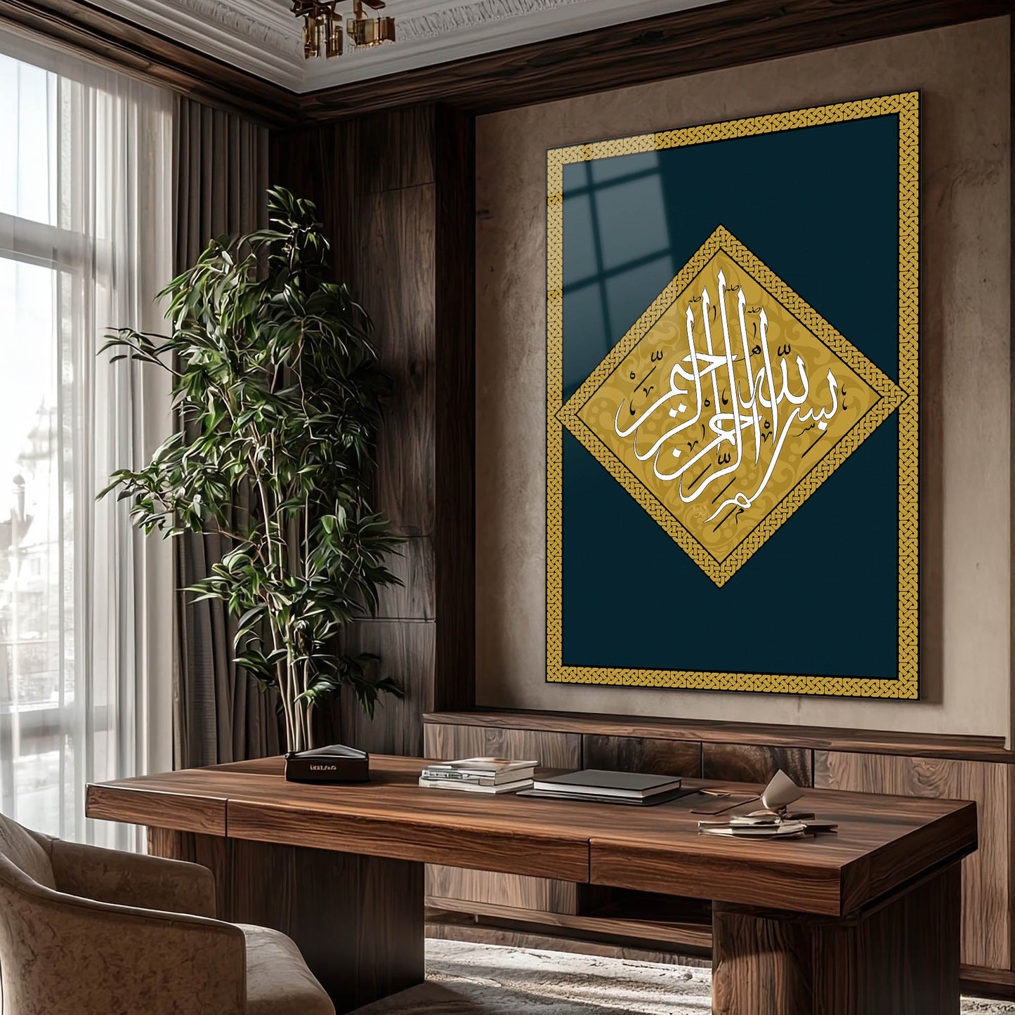 Besmele Altın Yeşil Klasik Desenli Cam Tablo