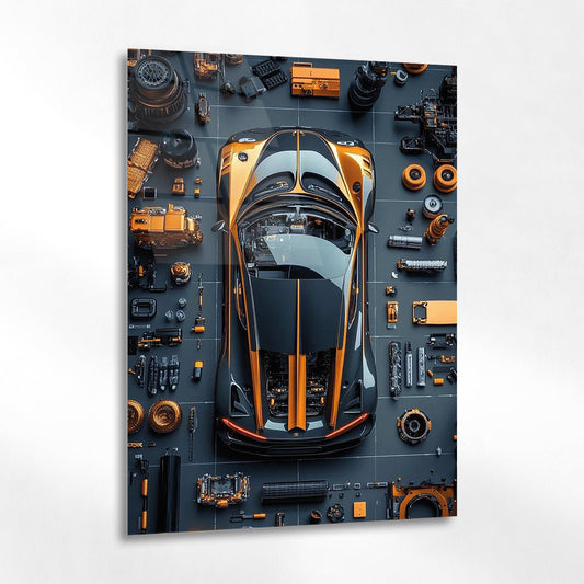 Süper Spor Araba Cam Tablo – Teknik Parçalar Üstten Görünüm