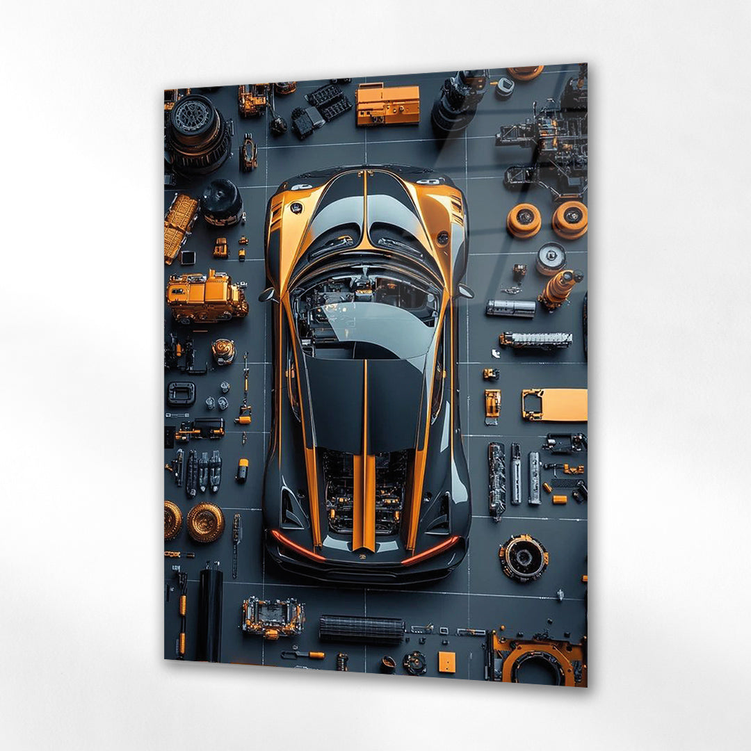 Süper Spor Araba Cam Tablo – Teknik Parçalar Üstten Görünüm