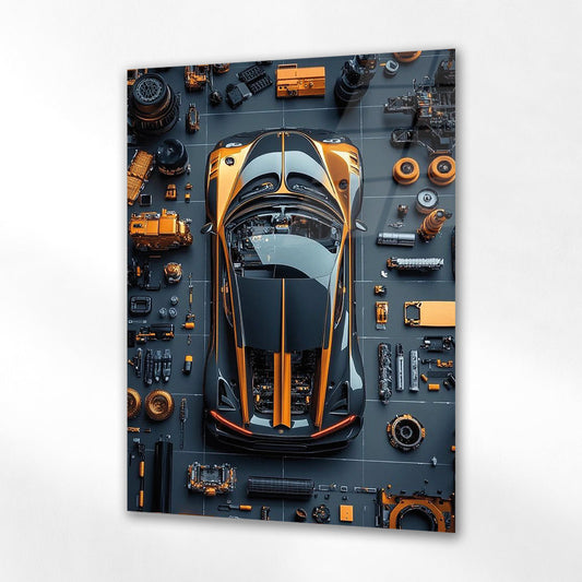 Süper Spor Araba Cam Tablo – Teknik Parçalar Üstten Görünüm